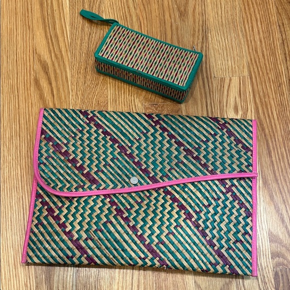 vintage mayan Woven wicker Clutch and Wallet Set Pink Trim purple green bundle - Picture 1 of 13